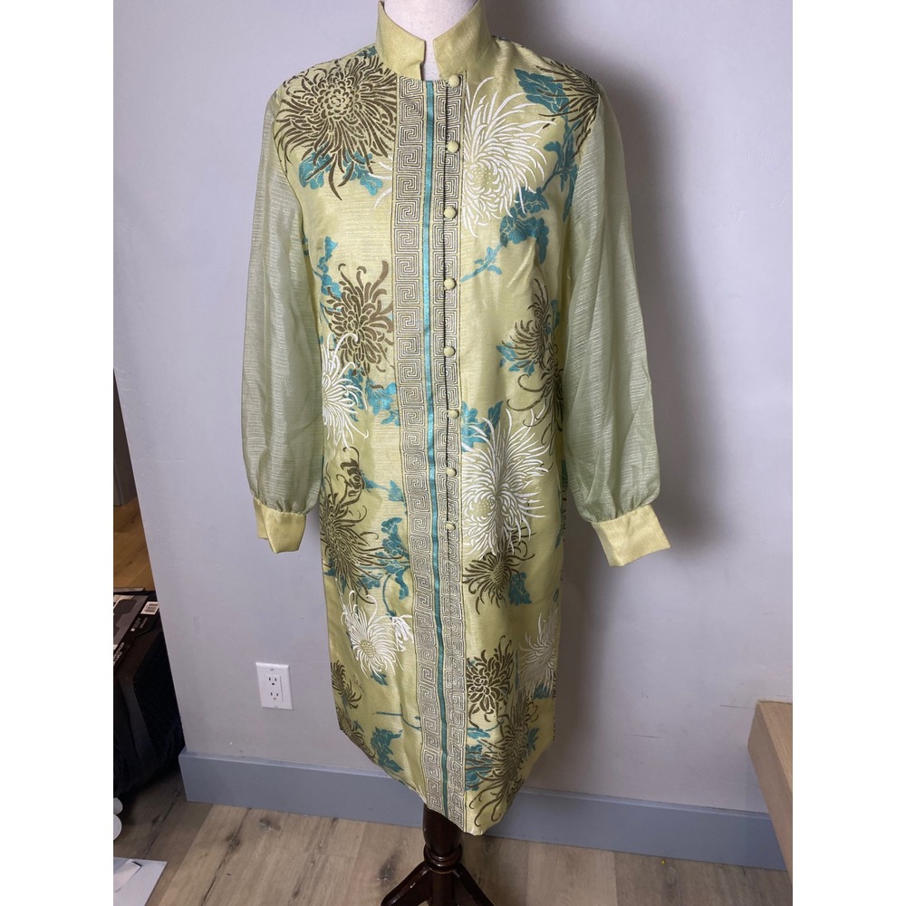Vintage 60s Alfred Shaheen Dress Green Floral Chrysanthemum Mandarin Midi 12